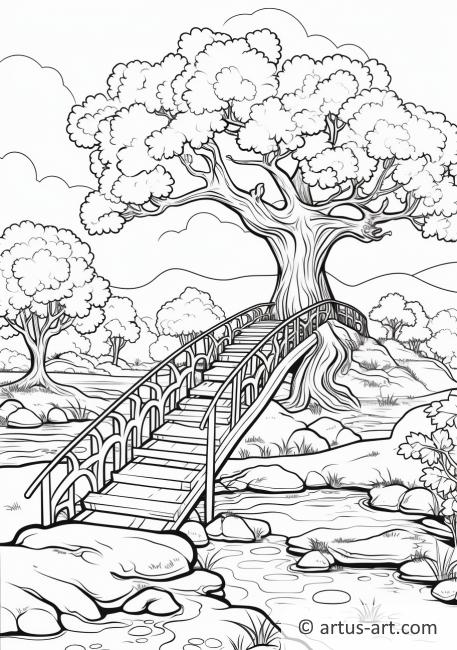 Página para colorir de uma Figueira com uma Ponte
